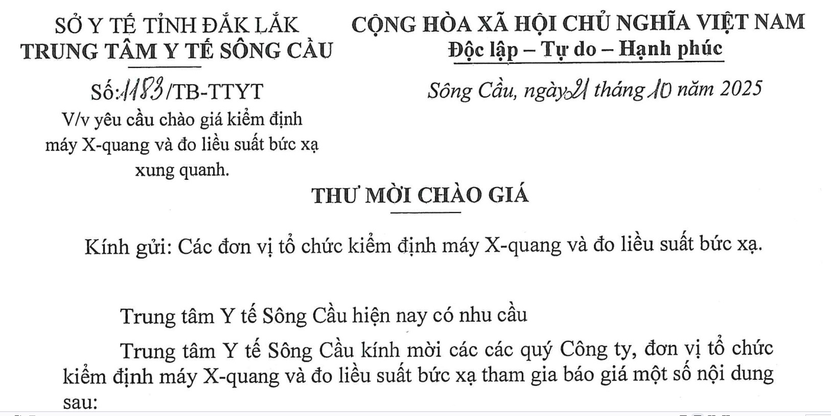 Yêu cầu chào giá kiể định máy X-quang và đo liều bức xạ xung quanh